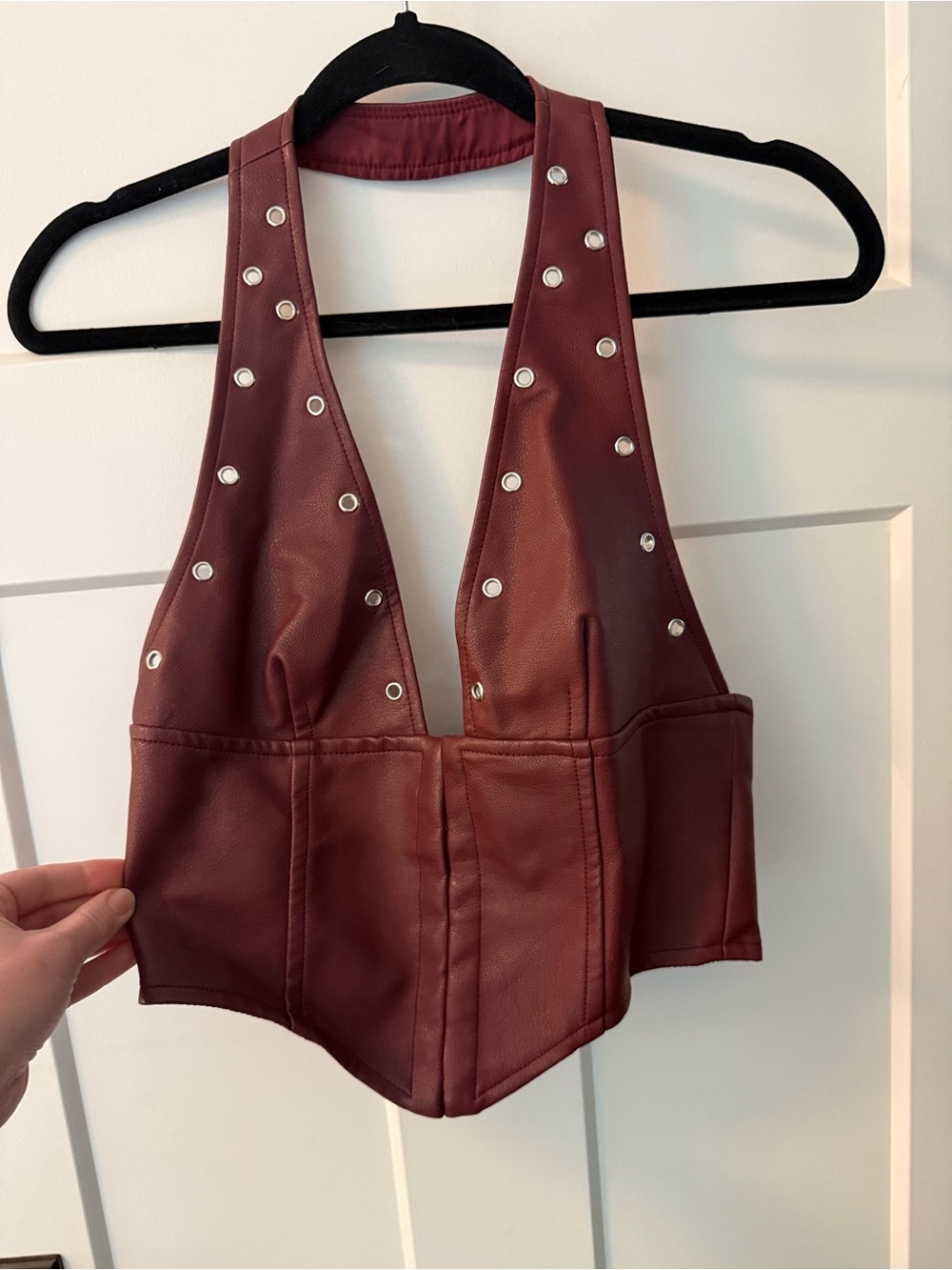 Princess Polly Wine Faux Leather Studded Deep V Crop Top
